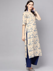 Grey & Blue printed half sleeve cotton kurta