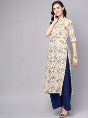 Grey & Blue printed half sleeve cotton kurta