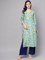 Green printed 3/4th sleeve cotton printed kurta