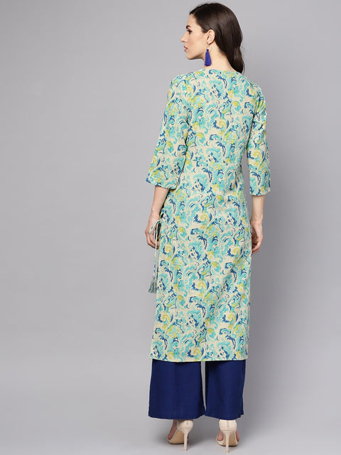 Green printed 3/4th sleeve cotton printed kurta