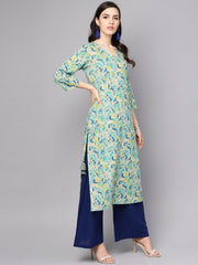 Green printed 3/4th sleeve cotton printed kurta