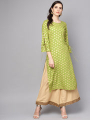 Green printed 3/4th sleeve rayon printed kurta
