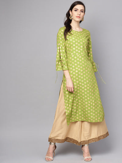 Green printed 3/4th sleeve rayon printed kurta