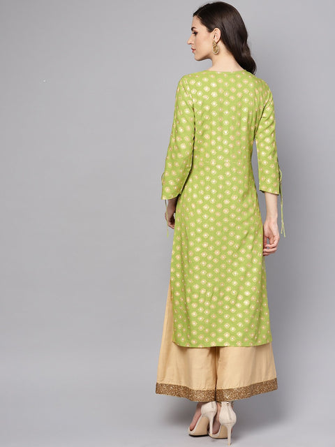 Green printed 3/4th sleeve rayon printed kurta