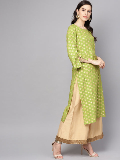 Green printed 3/4th sleeve rayon printed kurta