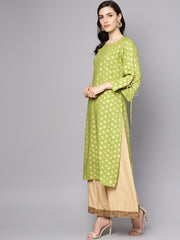 Green printed 3/4th sleeve rayon printed kurta