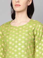 Green printed 3/4th sleeve rayon printed kurta