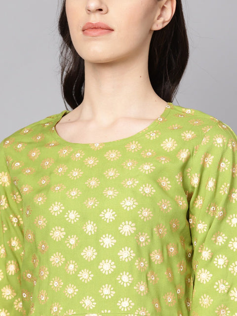 Green printed 3/4th sleeve rayon printed kurta