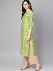 Green 3/4th sleeve rayon kurta With beige palazzo and dupatta