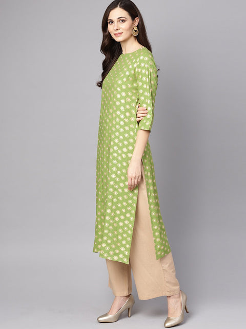 Green 3/4th sleeve rayon kurta With beige palazzo and dupatta