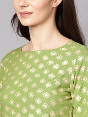 Green 3/4th sleeve rayon kurta With beige palazzo and dupatta
