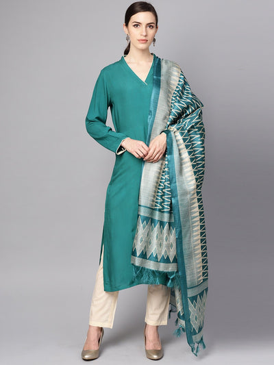 Teal blue 3/4th sleeve cotton kurta with Beige palazzo and printed dupatta