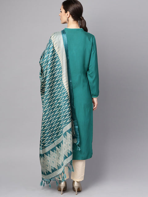 Teal blue 3/4th sleeve cotton kurta with Beige palazzo and printed dupatta