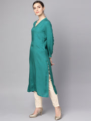Teal blue 3/4th sleeve cotton kurta with Beige palazzo and printed dupatta