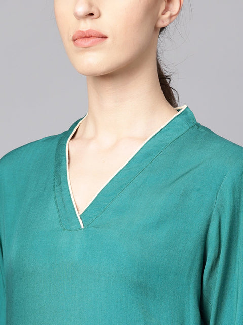 Teal blue 3/4th sleeve cotton kurta with Beige palazzo and printed dupatta