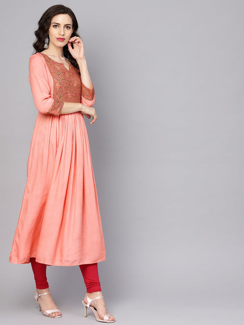 Solid peach 3/4th sleeve rayon maxi dress