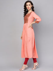 Solid peach 3/4th sleeve rayon maxi dress