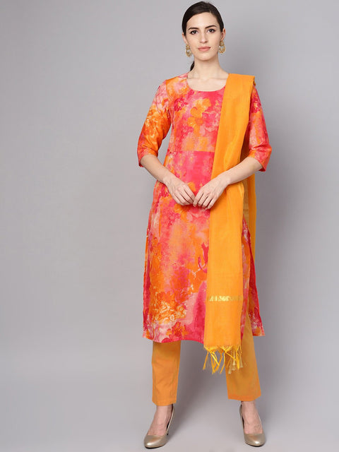 Red printed half sleeve cotton kurta with yellow palazzo & dupatta