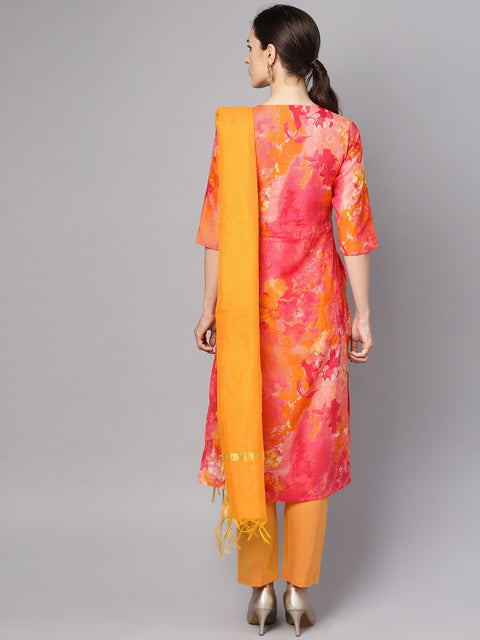Red printed half sleeve cotton kurta with yellow palazzo & dupatta
