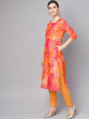 Red printed half sleeve cotton kurta with yellow palazzo & dupatta