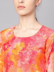 Red printed half sleeve cotton kurta with yellow palazzo & dupatta