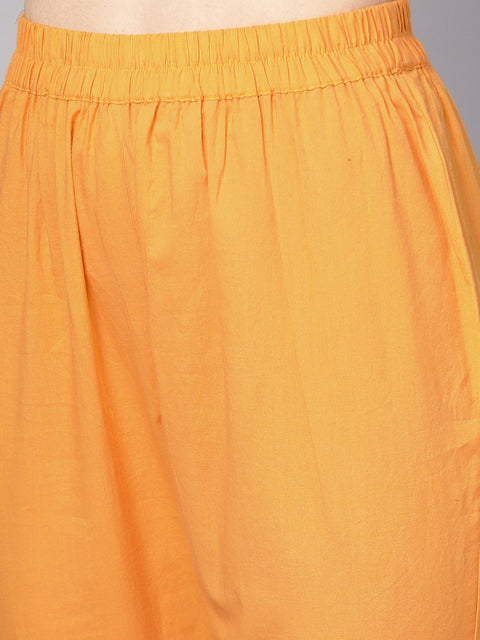 Red printed half sleeve cotton kurta with yellow palazzo & dupatta