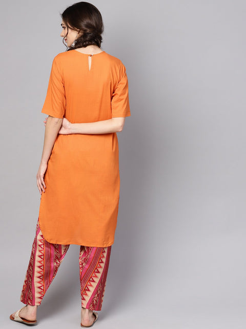 Women Orange & Pink Printed Kurta with Palazzos & Dupatta