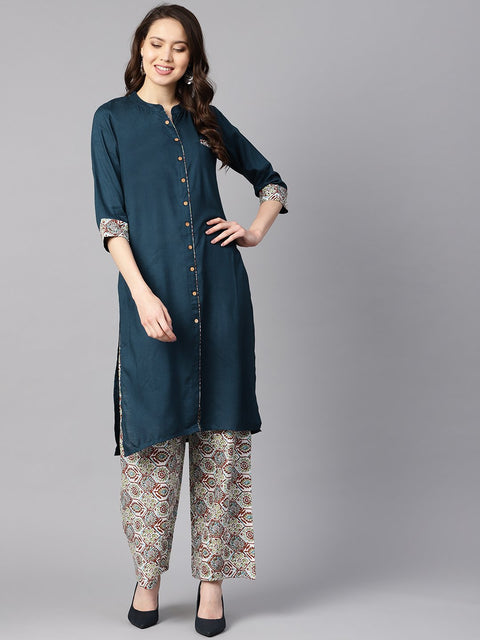Solid Dark blue Rayon Straight Kurta with printed pocket and cotton printed palazzo