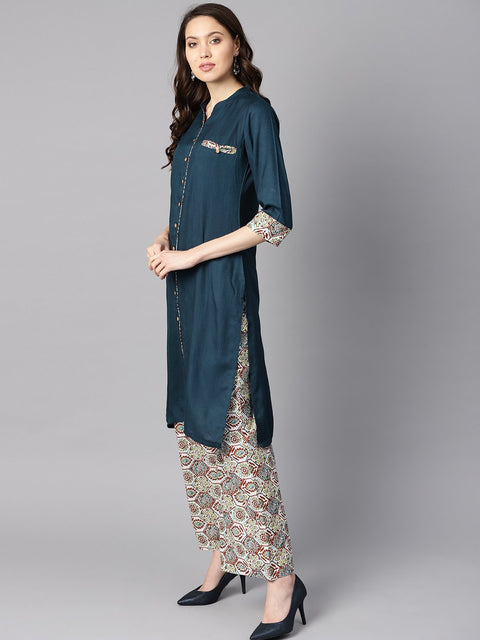 Solid Dark blue Rayon Straight Kurta with printed pocket and cotton printed palazzo