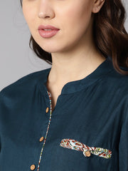 Solid Dark blue Rayon Straight Kurta with printed pocket and cotton printed palazzo