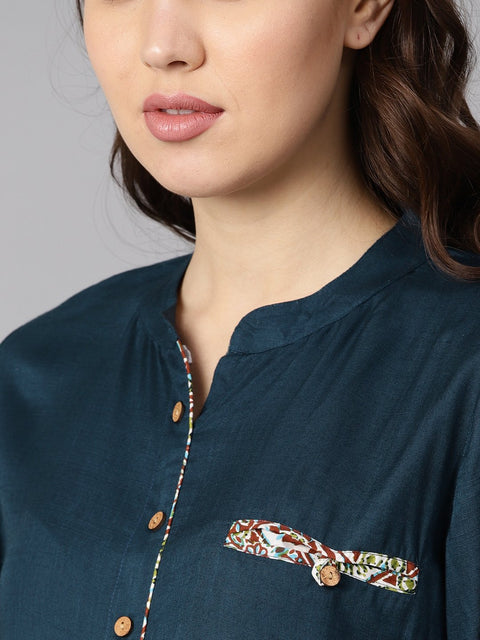 Solid Dark blue Rayon Straight Kurta with printed pocket and cotton printed palazzo