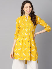 Mustard yellow white khadi bird print kurta with pleats detailing