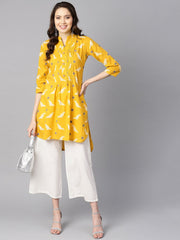 Mustard yellow white khadi bird print kurta with pleats detailing