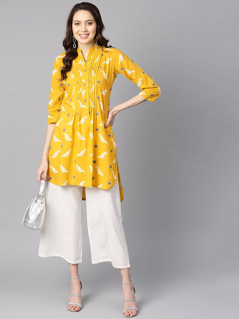 Mustard yellow white khadi bird print kurta with pleats detailing
