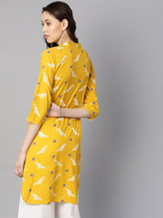 Mustard yellow white khadi bird print kurta with pleats detailing