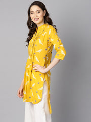 Mustard yellow white khadi bird print kurta with pleats detailing
