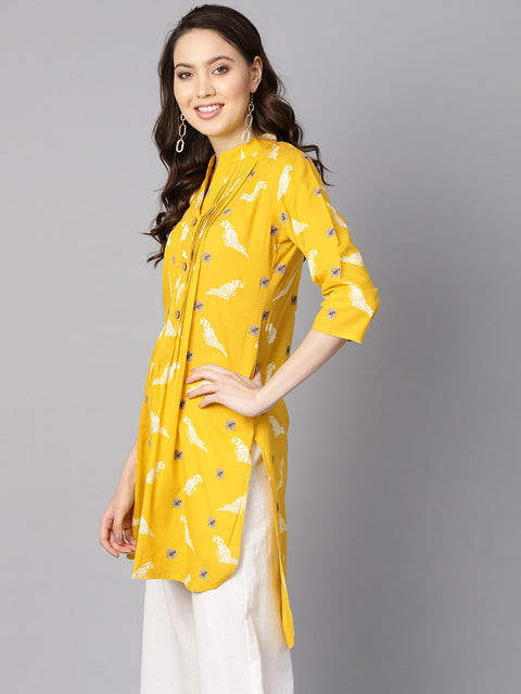 Mustard yellow white khadi bird print kurta with pleats detailing