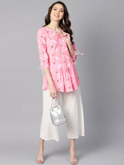 Bird Print white khadi light pink tunic with dori detailing