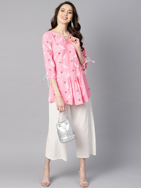 Bird Print white khadi light pink tunic with dori detailing
