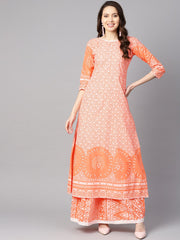 Floral white khadi printed a-line kurta with white khadi geometric printed skirt