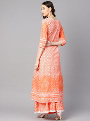 Floral white khadi printed a-line kurta with white khadi geometric printed skirt