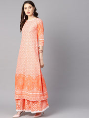 Floral white khadi printed a-line kurta with white khadi geometric printed skirt