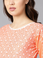 Floral white khadi printed a-line kurta with white khadi geometric printed skirt