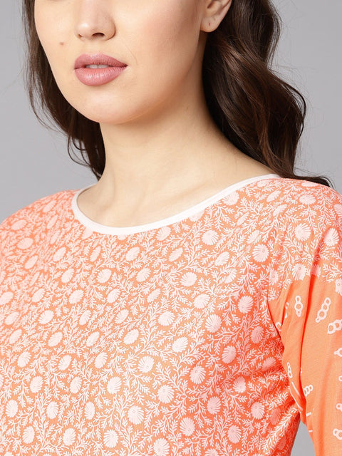 Floral white khadi printed a-line kurta with white khadi geometric printed skirt