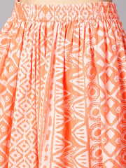 Floral white khadi printed a-line kurta with white khadi geometric printed skirt