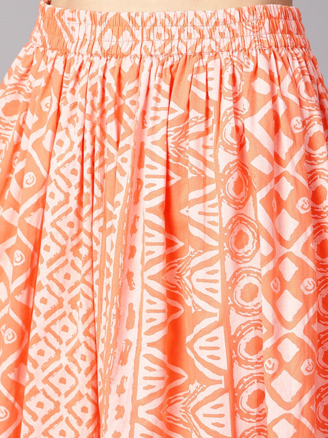 Floral white khadi printed a-line kurta with white khadi geometric printed skirt