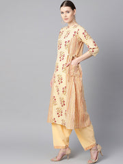 Floral Printed kurta with Striped panels with solid light beige Salwar