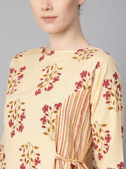 Floral Printed kurta with Striped panels with solid light beige Salwar