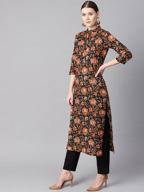 Floral Printed 3/4th sleeve a-line kurta with solid black pants