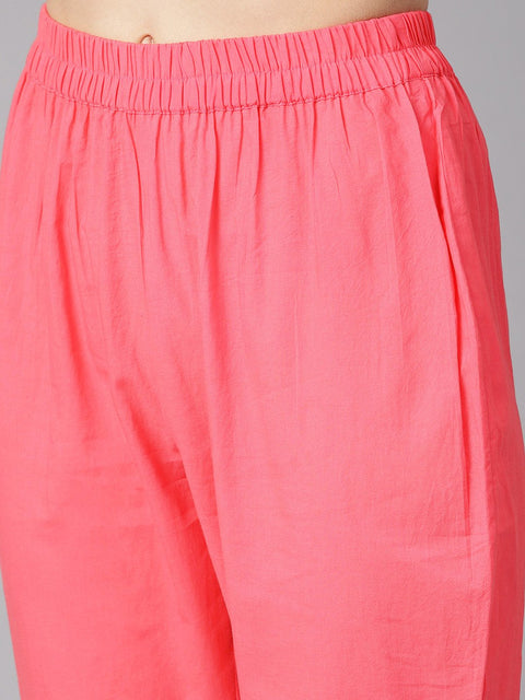 Multi colored floral printed straight kurta with detailed cuff with solid pink pants